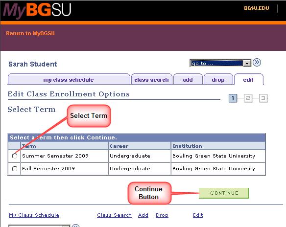 Click the "edit" tab to navigate to "Edit Class Enrollment Options Select