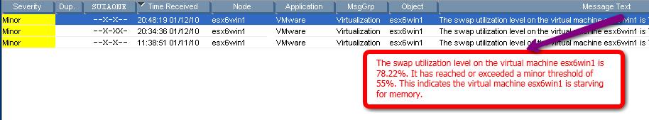 The following graphic shows an event generated on the HPOM console. The event indicates that the memory is above the threshold limit in one of the virtual machines.