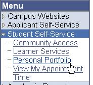 3. Inside the "Menu" box on the left side, select the "Student Self-Service." 4. Select "Personal Portfolio." 5.