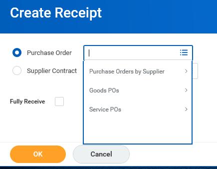 Requisitioners Select <Create Receipt> under Actions to search by