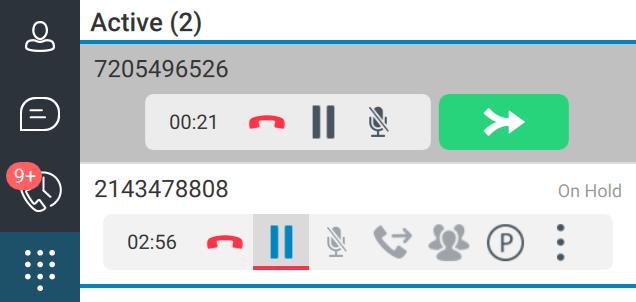 This places the current user on hold and places the call to the new contact. The toolbar then changes to reflect that you have two calls with your first call noted as On Hold.
