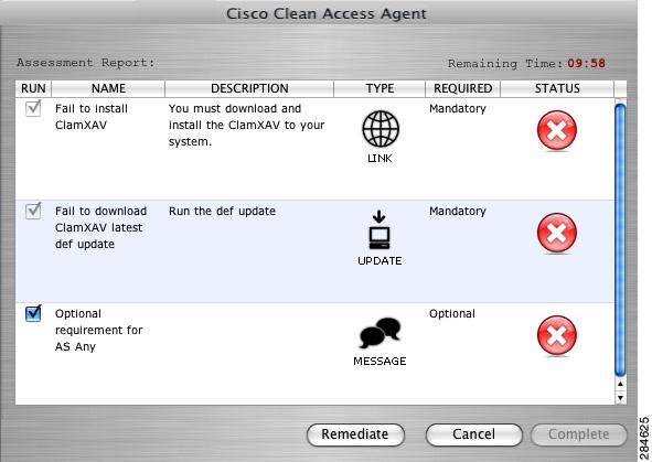 Chapter 10 Mac OS X Clean Access Agent If the only requirements that fail are Optional requirements, the Agent still displays the Assessment Report dialog to the user, but they are allowed to click