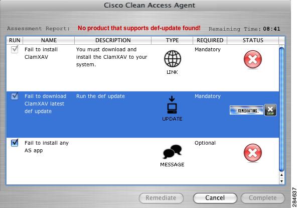 Mac OS X Clean Access Agent Chapter 10 Figure 10-75 Mac OS X Agent Requirement Failed If one or more mandatory requirements still fail following the remediation process, the user can only choose