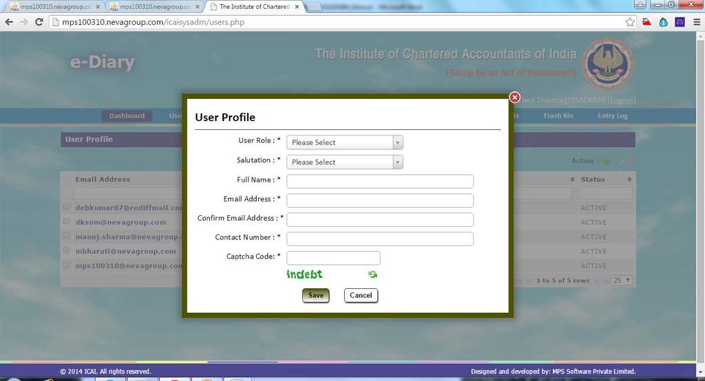 Figure 4.2.2: Add New Users: When SYSADMIN fills the form for new user and save the form, the application will send the activation link to new user.