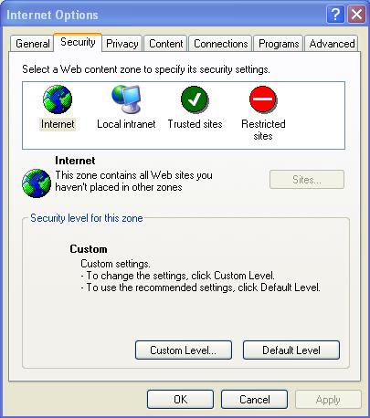 Select Security, Custom Level Click OK In the sub options under ActiveX controls and plug in, there are several