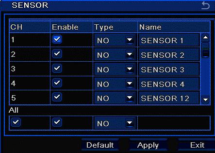 4.2.4 Alarm Recording 4/8/16DVR Quick Start Guide Enter main menu, click Alarm, then Sensor From here you can configure external triggers for NO (normally open) NC (normally
