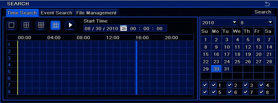 4.3.2 Time search 4/8/16DVR Quick Start Guide Enter the main menu and click Search. Select a day and click search on the top right of the screen. You can now select a start time on the grid shown.