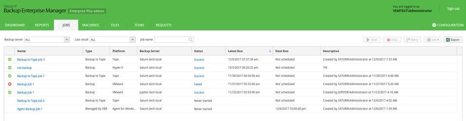 Job Statistics To view information about all jobs from managed backup servers, open the Jobs tab in the main view of Veeam Backup Enterprise Manager.