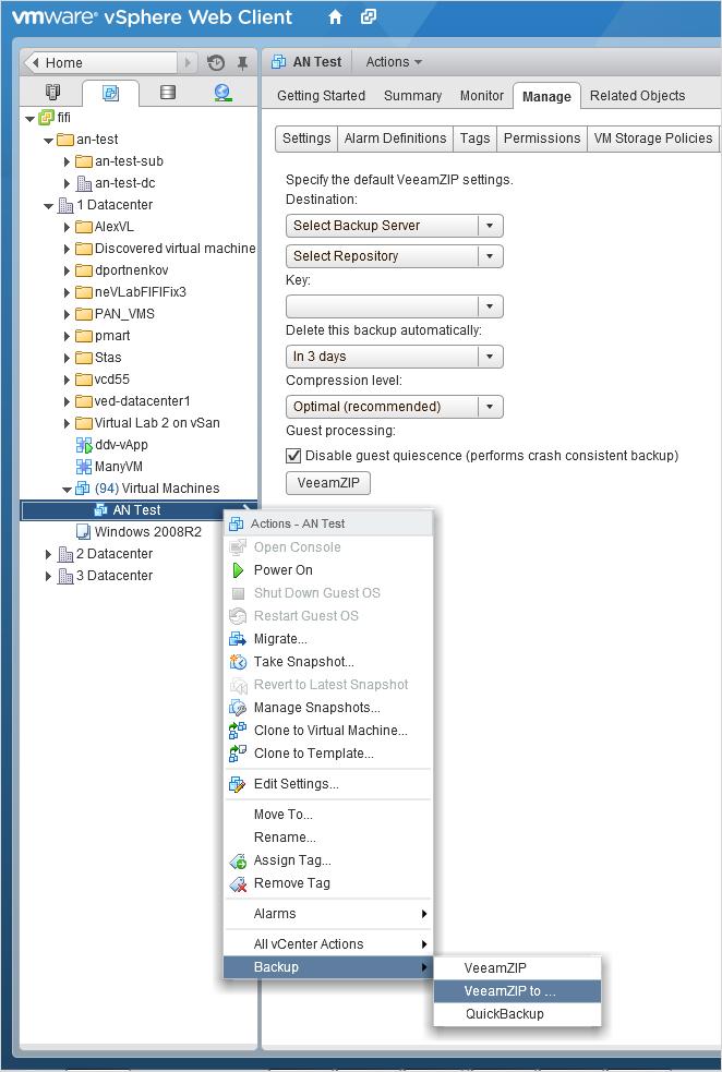 You will be taken to the VM s Manage tab where you should specify VeeamZIP settings which then