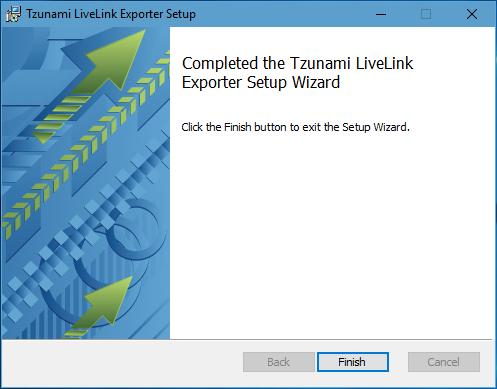 5. In the Completed Tzunami LiveLink Exporter Setup Wizard, to exit the wizard, click Finish.