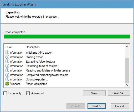 Figure 2-9: Export Progress Screen You can save the export report by clicking Save as after export is complete. You can display only export errors by checking Errors only.