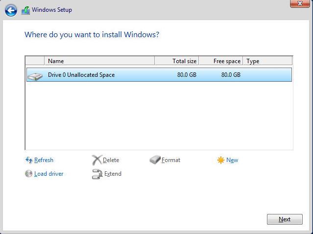 Select Drive 0 Unallocated Space. Click Next.