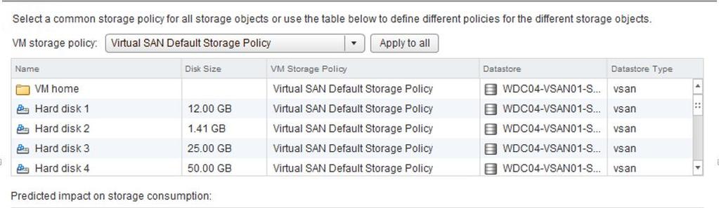5. In the sddcpsc01.tornado.local:manage VM Storage Policies dialog box, from the VM storage policy drop-down menu, select Virtual SAN Default Storage Policy, and click Apply to all. 6. 7.