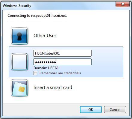 On the Windows Security window, you must first type HSCNI\ in the User Name box followed immediately with your