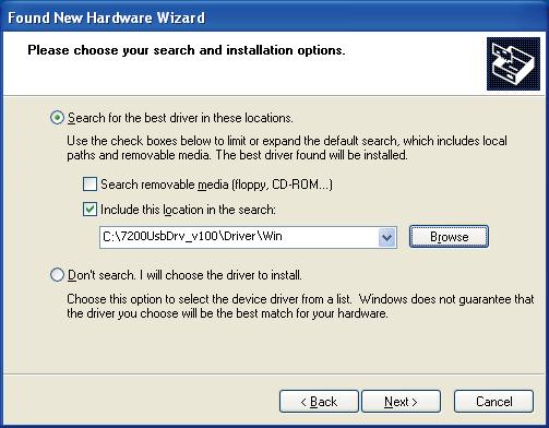 DRIVER INSTALLATION Windows XP (Continued) i the Win folder, then click [OK]. The folder construction: 7200UsbDrv_v100 Driver Win!2 Windows starts installing the USB driver. o [Next>].