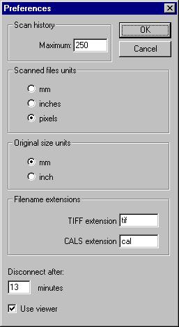 Defining Preferences The Preferences dialog box is used to: specify scan history length specify scanned files units specify original size units specify filename extension for TIFF and CALS select if