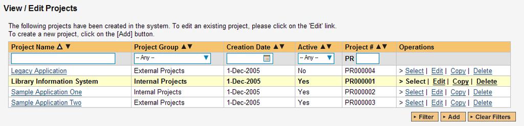 3.1. Projects 3.1.1. View/Edit Projects The following screen is displayed when you choose the View/Edit Projects link from the Administration sidebar navigation: This screen displays the list of
