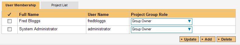 In addition, the lower part of the screen allows you to view/edit the users that are members of the group and also see which projects are in the group: a) Group User Membership This tab allows you to