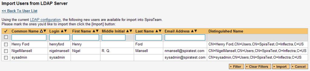 This screen lists all the users available in the LDAP server that have not been already imported into SpiraTeam.