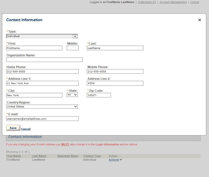 7. Modify your Contact Information. All required fields must have a value. Click Save.