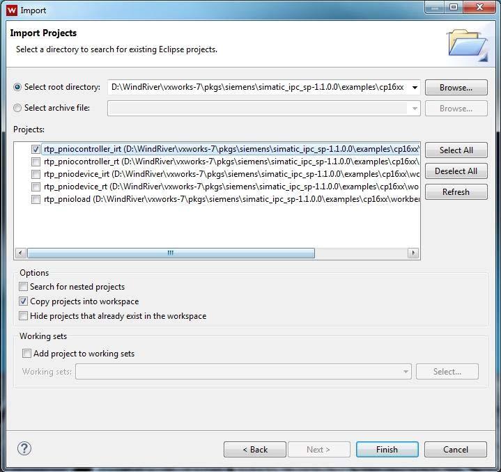 Importing examples in Wind River Workbench V4 2. Select the file location of the examples under "Select root directory".