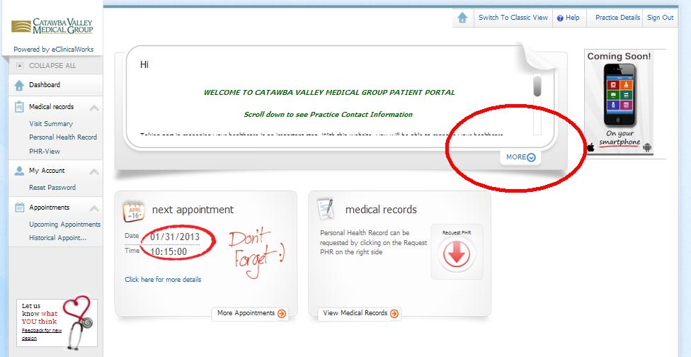 Using the Patient Portal Portal Home Screen/ Dashboard: to log out of the
