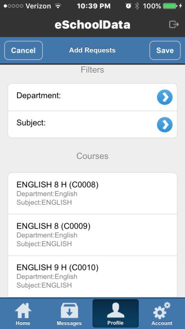 On the Add Requests screen, all available courses are displayed in the Courses