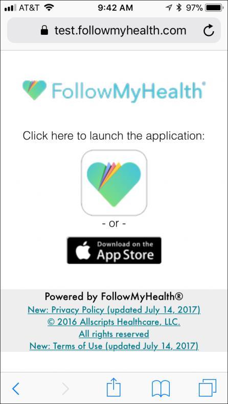 If you have already downloaded the FollowMyHealth mobile app, tap the heart icon and then tap Open.