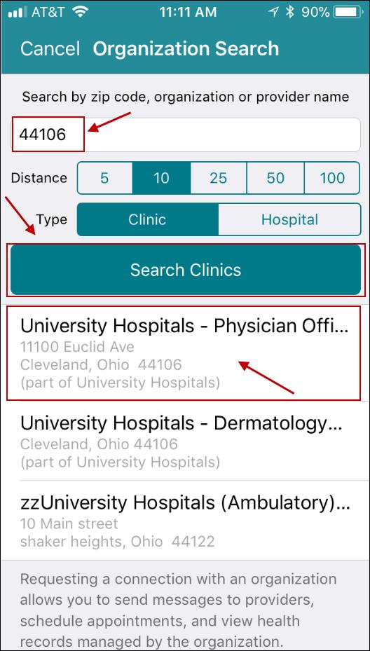The Organization Search screen displays. Your zip code will automatically fill into the search box.