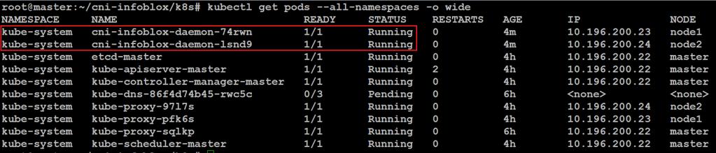 Verify the creation of Infoblox daemon by running following command kubectl get pods --all-namespaces -o wide 7.