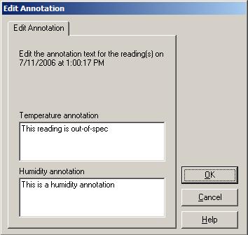 9 Managing Logged Data Figure 64 Edit Annotation dialog 3. Edit the annotation text for the temperature and/or humidity reading(s) and click OK.