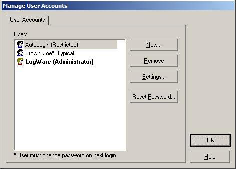 2 Security Features Figure 12 Manage User Accounts dialog The Users list displays the currently configured user accounts. The group that the user account is assigned to is indicated in parentheses.