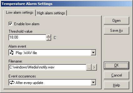 9936A LogWare III Users Guide Figure 36 Alarm Settings dialog The Alarm Settings dialog has two tabs: Low alarm settings and High alarm settings.