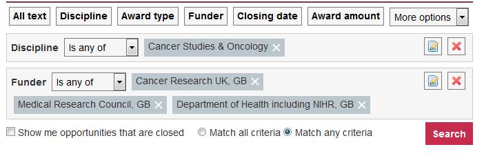 Match any criteria Example criteria Oncology and CRUK, MRC, Department of Health : You will receive results for anything for oncology,