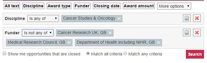 Is not any of Example criteria Oncology and not CRUK, MRC, Department of Health : You will receive