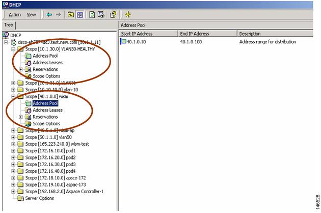 Figure 10 Creating a Scope in DHCP After the access point gets an IP address from the DHCP server, it tries to discover the Cisco WiSM and register with it.
