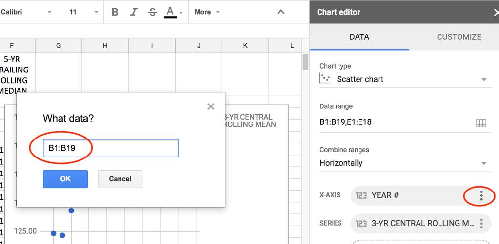 A column or other chart will appear and the chart editor will open on the right. 4. As shown in the figure, select Chart Type and change it to Scatter and check the Use row 1 as headers box.