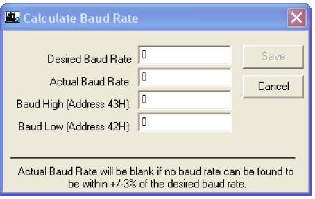 Calc Baud Button The Baud dropdown menu includes all standard PC baud rates. In rare cases, a user may want to use a nonstandard baud rate. To do this, click on the Calc Baud button.