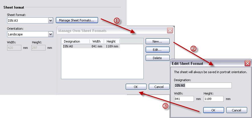 Print Bosch Rexroth AG 103/119 Option Dialog Defining a new sheet format: click button Manage Sheet Formats... click button New.