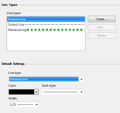 You can create, edit and delete line types in the line types dialog and you can define the format settings for standard connection lines. Fig.