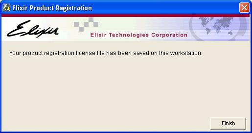 34 Click Save. The Elixir Product Registration dialog displays. Your product registration process is complete. 35 Click Finish to save the license file Password.