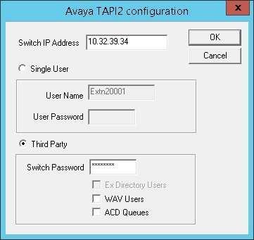 The Avaya TAPI2 configuration screen is displayed. For Switch IP Address, enter the IP address of IP Office.