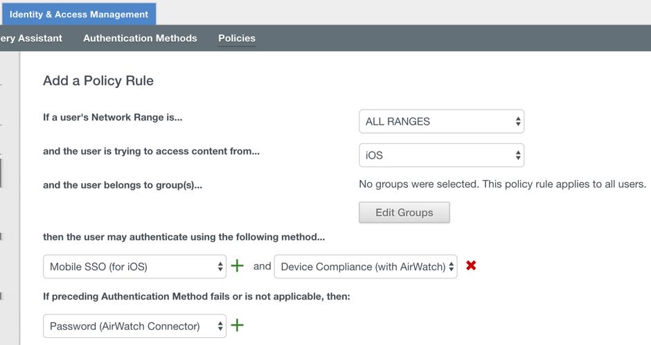 Figure 18: Device Compliance Policy It is also necessary to ensure that the device s universally unique identifier (UDID) is captured in VMware AirWatch and used in the compliance configuration.