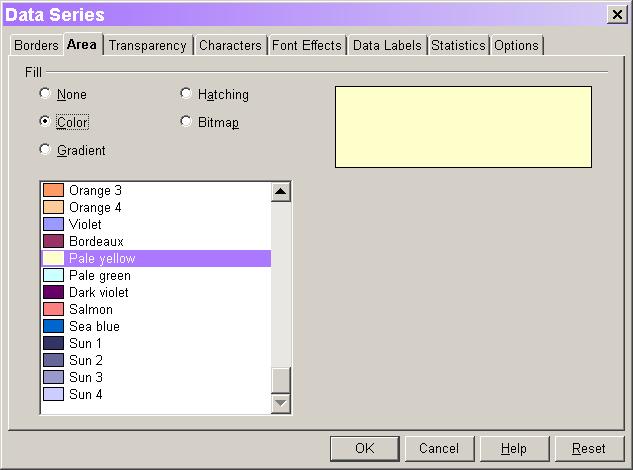 Chapter 10: Working with Graphs and Charts 179 Figure 21. The Area tab of the Data Series dialog controls the color for a particular data series. You can also control individual data points.