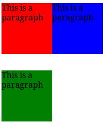 Clear Example p{ width: 100px; height: 100px; float: left; } p#red{ background-color: red; } <p id="red"> This is a paragraph</p> <p id="blue">