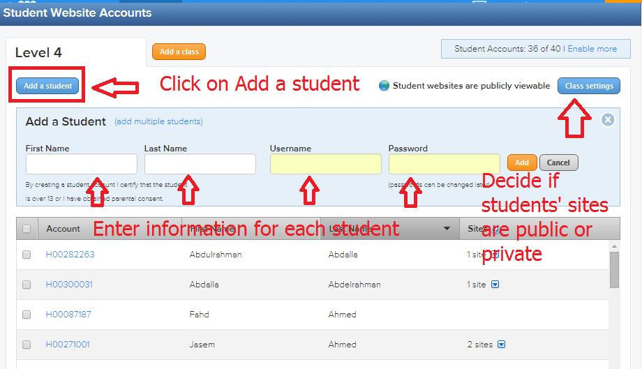 Next, add students and decide if sites are
