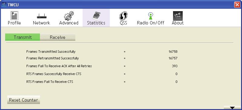 3.1.4 Statistics Click the Statistics tab of the Utility and you will see the following screen displaying the receiving and transmitting statistical information.
