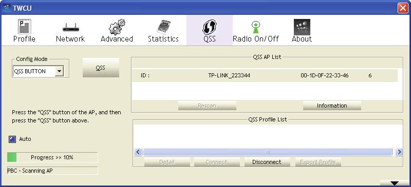 5 QSS Figure 3-7 Statistics tab Click the QSS tab of the Utility and you can configure the QSS function to joint an existing network quickly in the following screen.