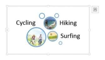 Using Illustrations and Graphics 266 16. Text can be easily replaced by keying in the placeholder. Replace Hiking with Surfing. 17. Click the image icon by Surfing.