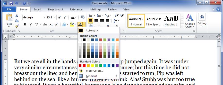 Font Color List of Font Colors More Colors Option If you do not find a color of your choice, you can use the More Colors option to display a color pallet box which allows you to select a color from a